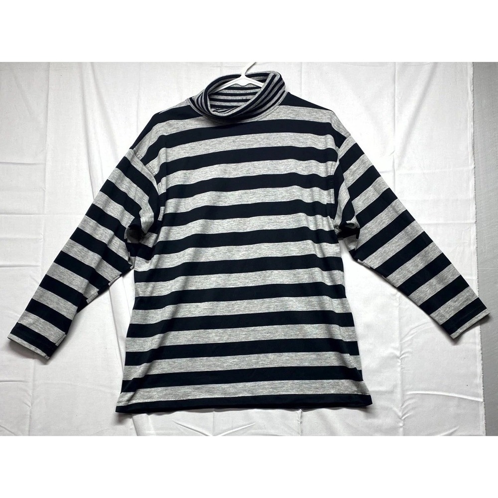 Class 955 Top Womens Medium Gray Blue Striped Cotton Long Sleeve Turtleneck